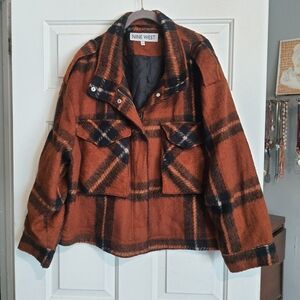 Nine West Fall Orange Black Plaid Bomber Jacket Shacket Moto XXL RN 50411